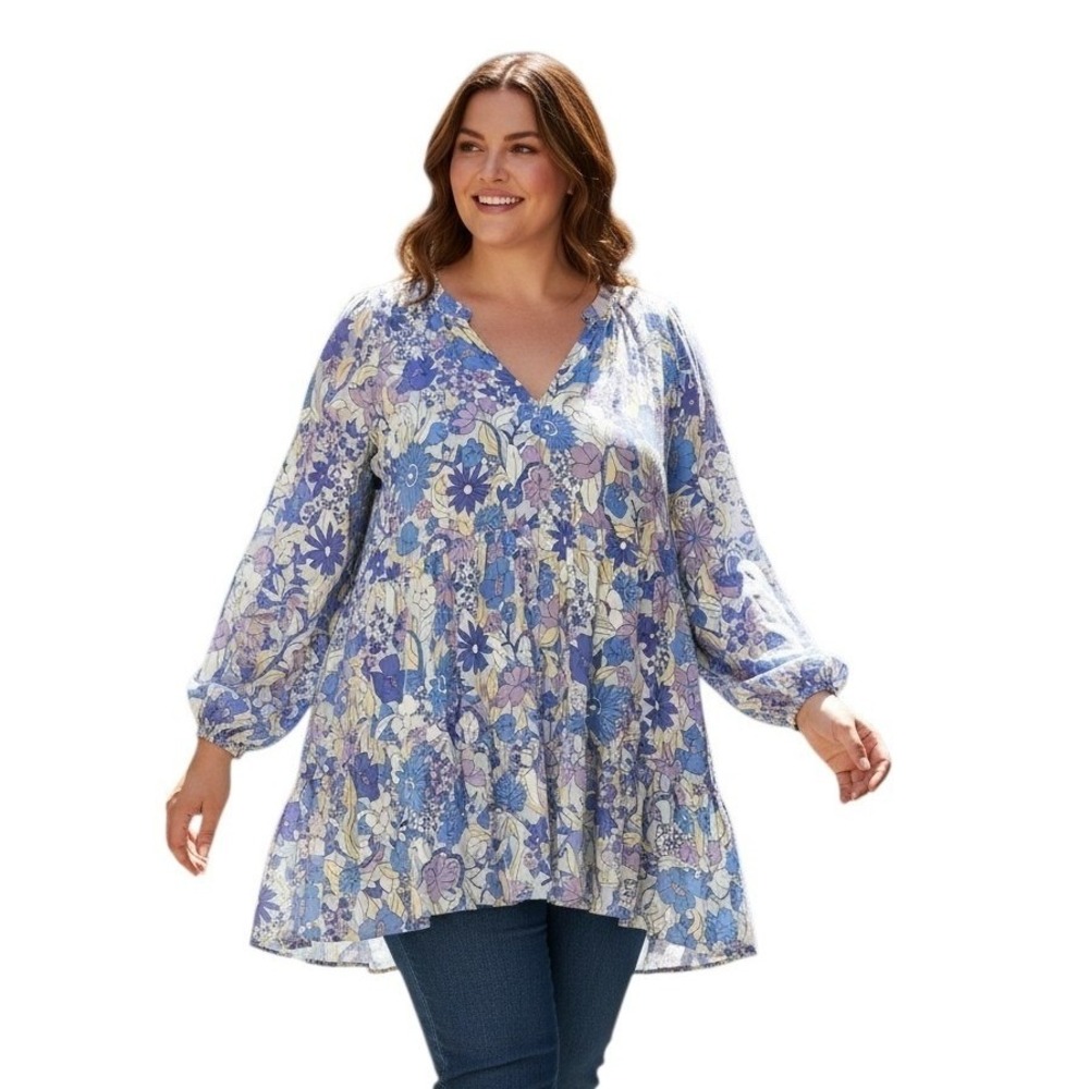 Nwt‎ Ellos Plus size Women's 1X 22/24 Floral Tiered Cottagecore Tunic Boho Vneck